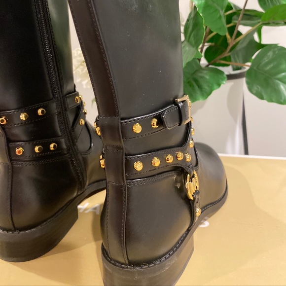 NEW Michael Kors Women Knee High Boots Preston Size US 7M Black Leather & Gold - Picture 4 of 7